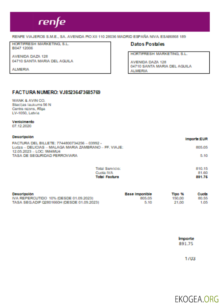 Facture d'entreprise de services publics Renfe, SCR